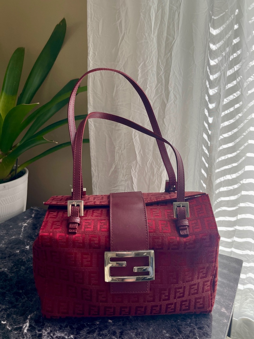 Auth RARE FENDI Red Bento Box Baguette Bag zucchino monogram vintage EUC + COA